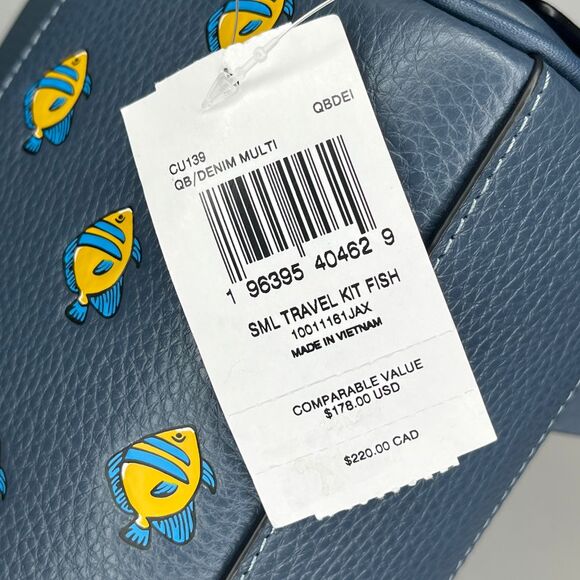 Coach New York Navy Blue Leather Cosmetic Bag, Yellow Fish Print, Dust Bag, NWT - Picture 6 of 13